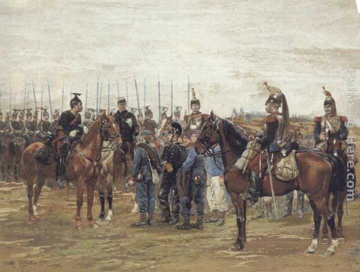 A French Cavalry Officer Guarding Captured Bavarian Soldiers painting - Jean Baptiste Edouard Detaille A French Cavalry Officer Guarding Captured Bavarian Soldiers art painting